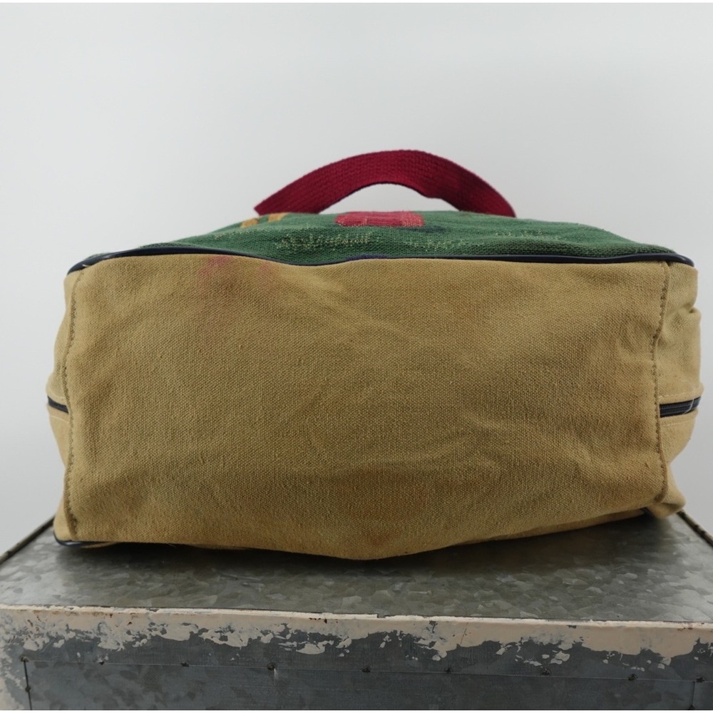 Vintage Tapestry Golf Scene Small Duffel Bag Tan Canvas Burgundy Handles - Picture 9 of 10